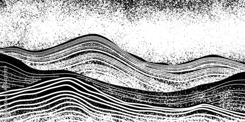 Abstract Black and White Wavy Line Landscape with Grunge Texture