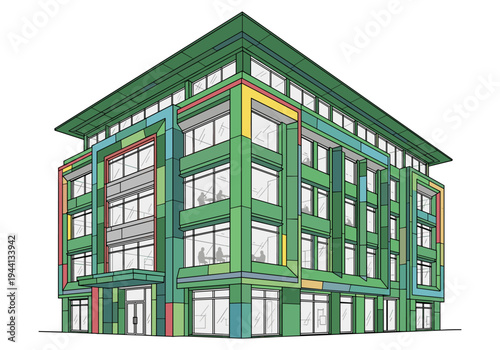 Modern architectural building design with colorful facade and large windows, illustration