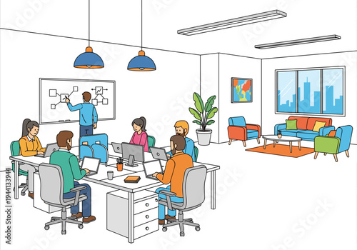Diverse team collaborating in a modern office space with a whiteboard presentation and breakout area