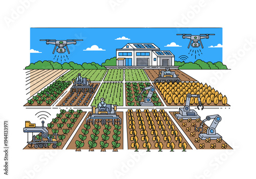 Modern farm with drones, robots, and autonomous tractors cultivating crops under blue sky