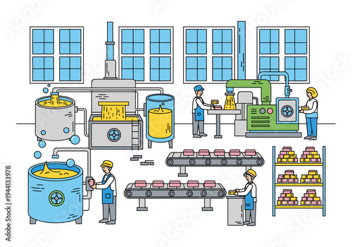 Modern factory production line for manufacturing soap bars with automated machinery and workers