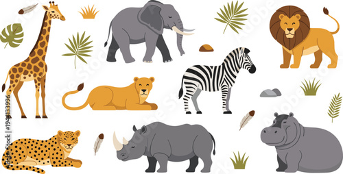 African Safari Animals Cartoon Vector Collection Featuring Lion, Giraffe, Elephant, Zebra, Rhinoceros, Hippopotamus and Leopard with Savanna Plants and Nature Elements.