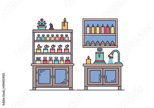 Illustration of a candle making workshop with shelves of supplies and equipment