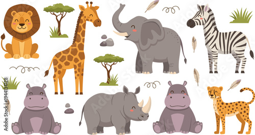 Cute African Safari Animals Cartoon Vector Set Featuring Lion, Giraffe, Elephant, Zebra, Rhinoceros, Hippopotamus and Leopard with Savanna Nature Elements.