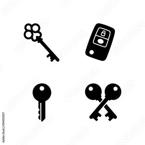 Collection of house and car key silhouettes with remote entry fob in flat black vector style.