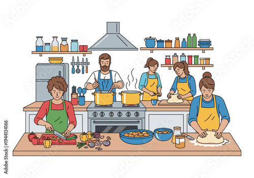 Diverse group of people happily cooking together in a bright, modern kitchen environment