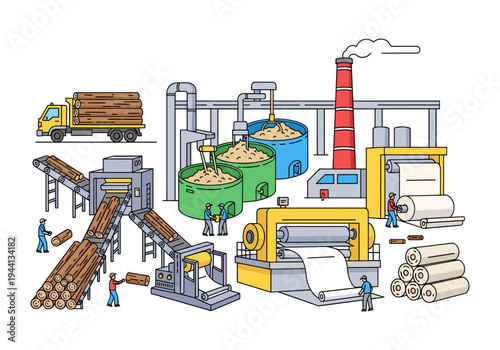 Modern paper mill processing logs into finished paper rolls with automated machinery