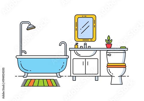 Modern bathroom interior with bathtub, sink, toilet, and mirror in a clean, minimalist line art style