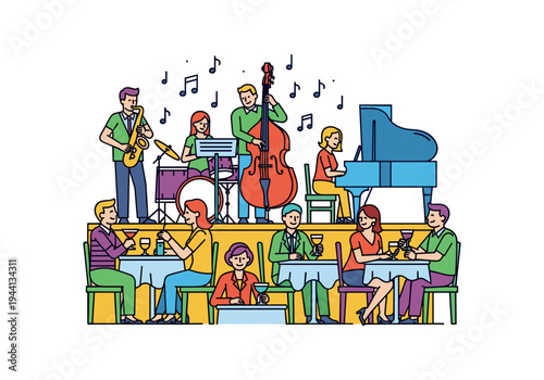 Live jazz band performing for diners at tables in a stylish, modern restaurant setting