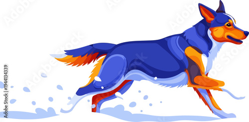 Active dog sprinting through a field of fresh winter snow