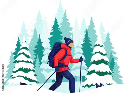 Active hiker trekking through a snowy pine forest