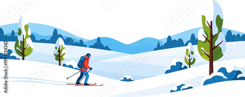 Active skier practicing cross-country skiing in open field