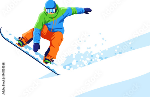 Active snowboarder performs a jump on a snowy slope