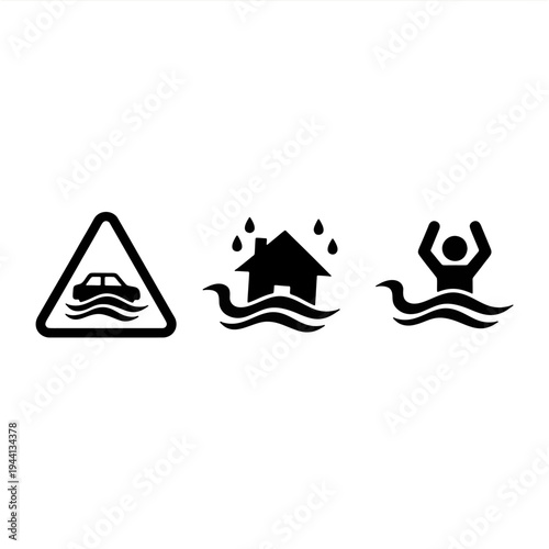 Natural disaster warning icons depicting flooding, houses underwater, and drowning hazard symbols.