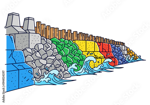 Diverse coastal defense structures protecting against ocean waves and erosion