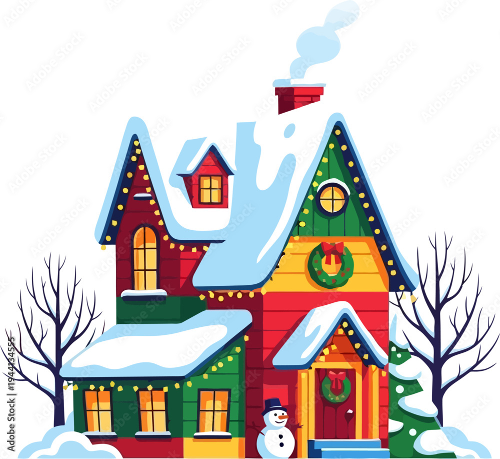 Naklejka premium Charming winter house decorated with festive lights and a snowman