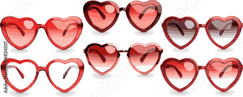 Create a realistic kinds of deferent Red heart glasses isolated on white - 3d rendering vector art with white background.