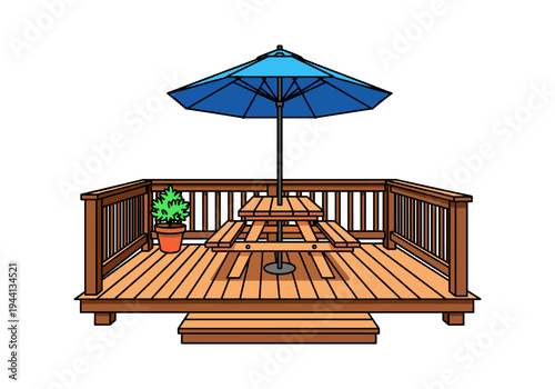 Wooden deck with picnic table and blue umbrella, perfect for outdoor relaxation and dining