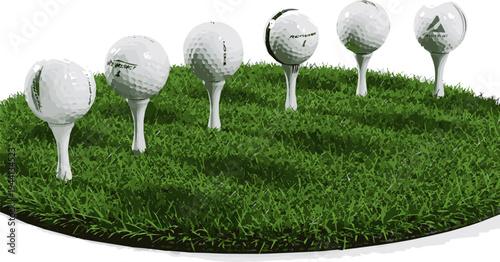 Create a realistic kinds of deferent Golf ball on white tee and green grass isolated on white. 3d render vector art with white background.