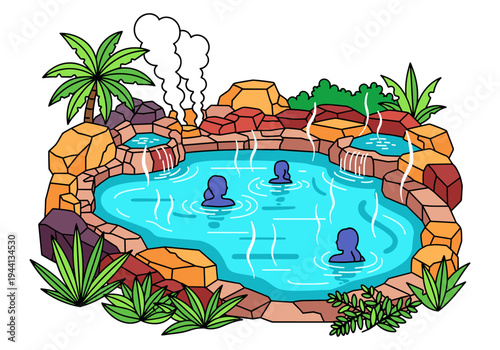 People relaxing in a steaming natural hot spring pool surrounded by rocks and tropical plants