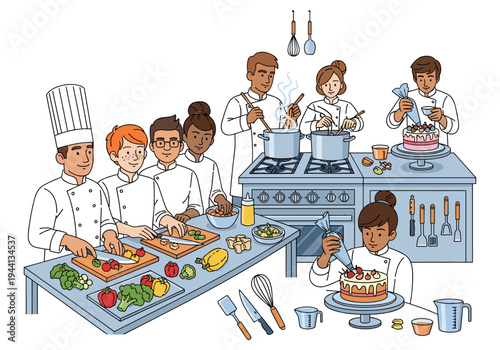 Diverse group of culinary students learning and practicing cooking and baking skills in a kitchen