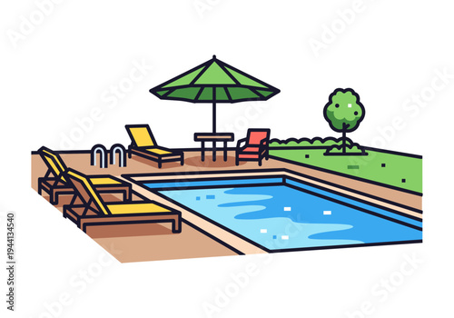 Relaxing poolside scene with lounge chairs, umbrella, and a small tree on a sunny day