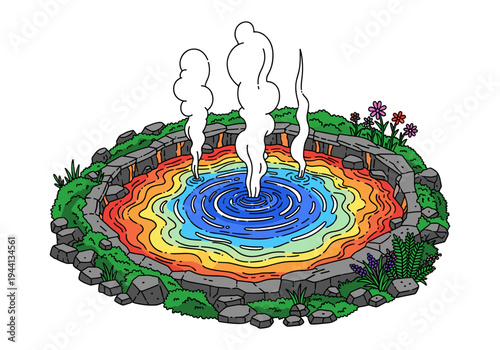 Vibrant rainbow hot spring with steam rising from colorful mineral-rich waters surrounded by rocks