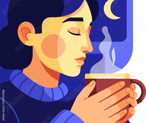 Close-up portrait of a lady smelling hot coffee aroma
