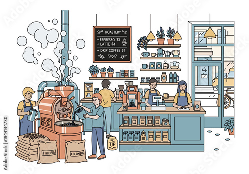 Coffee roastery interior scene with baristas and coffee roasting machine in action