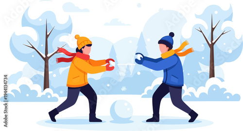 Energetic kids having a fun snowball fight in a winter park