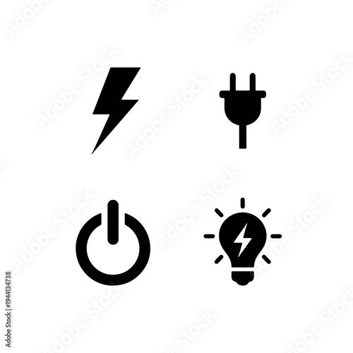 Electrical power and energy icons set with lightbulbs, power plugs, and on/off buttons.