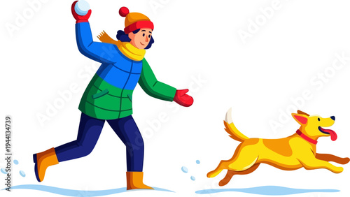 Energetic woman plays fetch with her dog in the snow