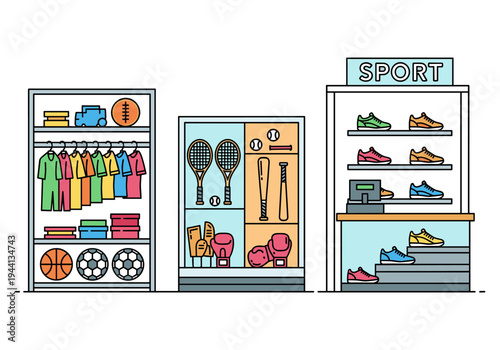 Colorful sports store display with clothing, equipment, and shoes for sale