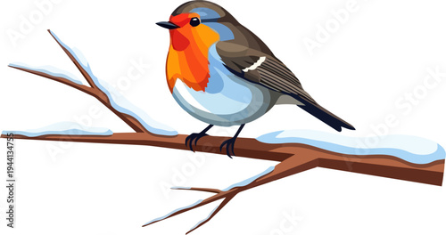 European robin perched on a snow covered tree branch