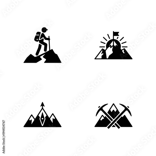 Outdoor adventure icons showing mountain climbing, hiking, peaks, and flag at the summit.