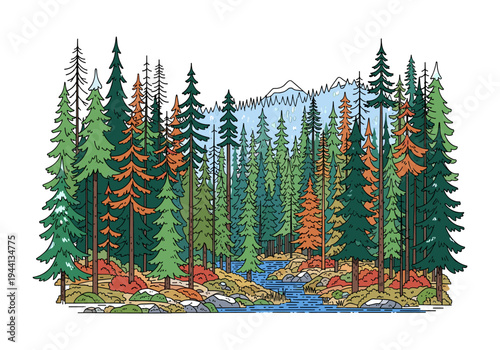 Vibrant forest scene with a winding river and distant snow-capped mountains in a stylized illustration