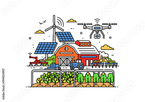 Modern smart farm with renewable energy, drone, and automated machinery for efficient agriculture
