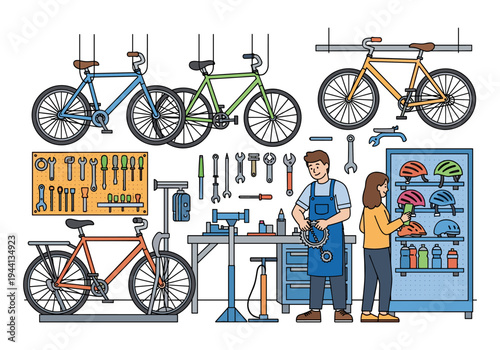 Bicycle repair shop scene with mechanics and customers choosing helmets and accessories