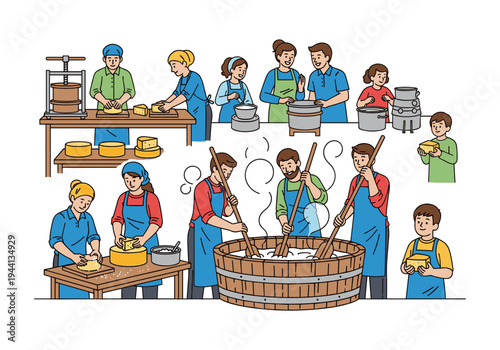 Artistic illustration of people working together in a cheese-making factory, diverse ages and roles