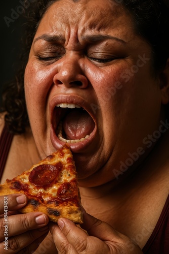 Close up of a woman with intense expression eating a pizza slice