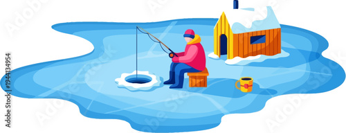 Fisherman ice fishing on a frozen lake near a hut
