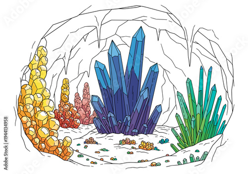 Vibrant cave interior filled with colorful crystalline formations and stalactites