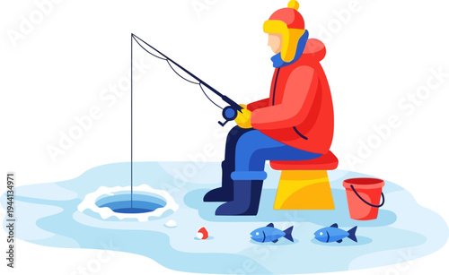 Fisherman sitting on a stool while ice fishing on a frozen lake