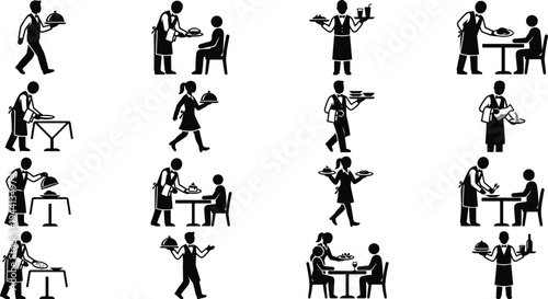 Professional Waiter and Restaurant Staff Icon Set Featuring Servers Carrying Trays Serving Customers and Fine Dining Hospitality Silhouettes
