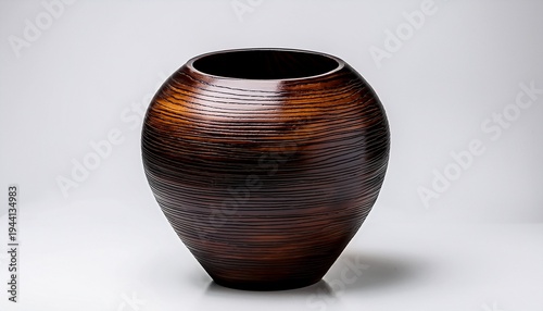 dark wood vase with glossy finish and natural texture on white background