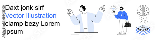 Business training, decision-making, innovation, creative solutions, communication, teamwork. Abstract figures pointing, ideas with a light bulb brain icon layered data graphics. Business training