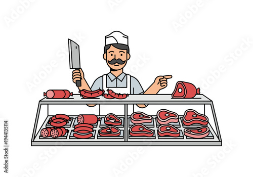 Butcher with mustache holding a knife and pointing to display of sausages and steaks