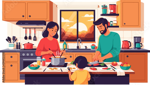 Happy family prepares a meal together in a warm kitchen