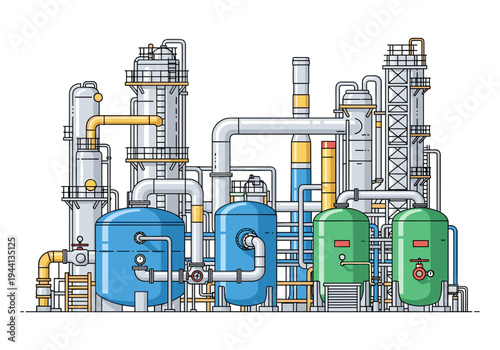Modern industrial chemical plant with distillation towers and storage tanks, clean vector illustration