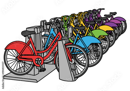 Colorful row of rental bicycles docked at a station, perfect for urban commuting
